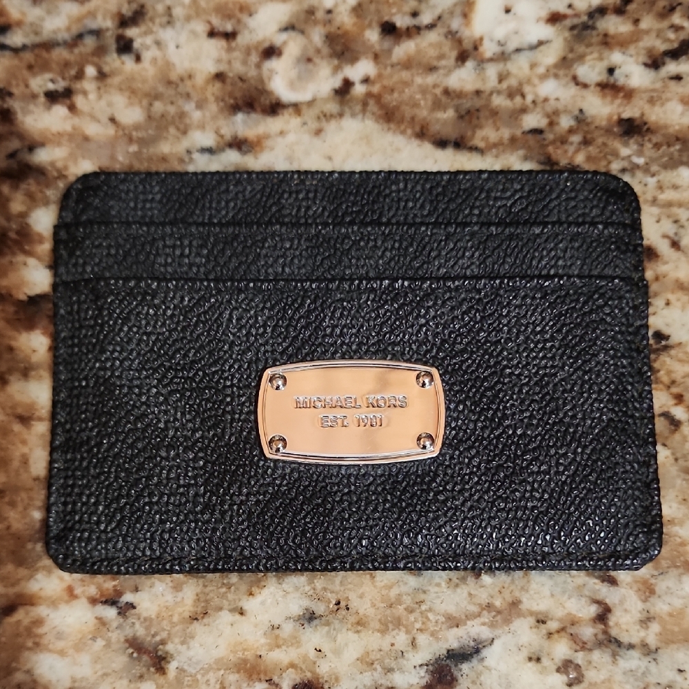 Michael Kors Textured Black Card Holder with silver Logo